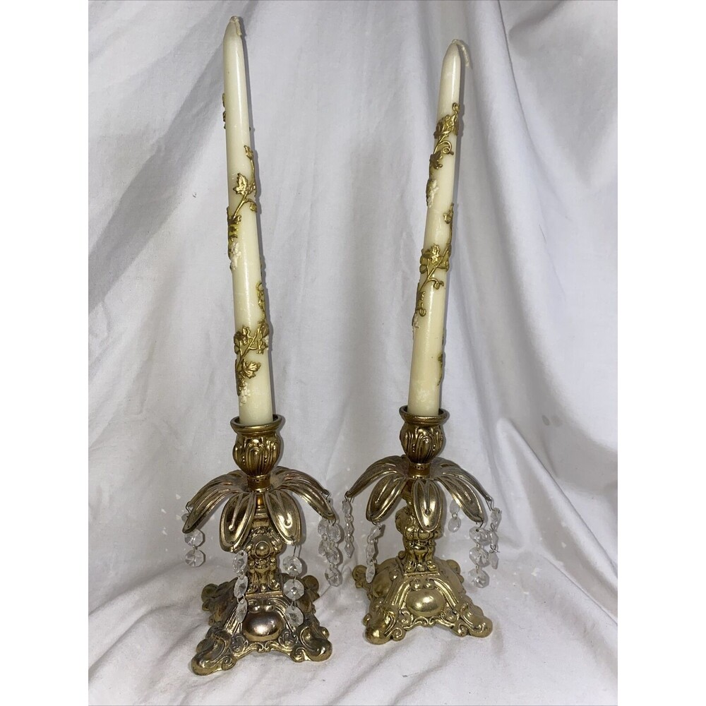 Vintage Hollywood Regency Style Ornate Gold Cast Metal Candlestick Holders Pair